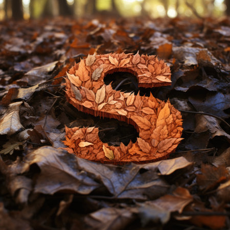 Number eight made of autumn leaves on the forest floor. Autumn concept.の素材