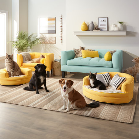 Modern living room interior with cat, dog and sofa.の素材