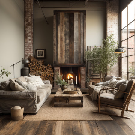 Interior of modern living room with fireplace, sofa and armchairの素材