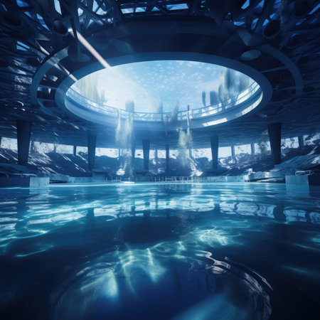 a futuristic swimming pool with lights and reflections.の素材