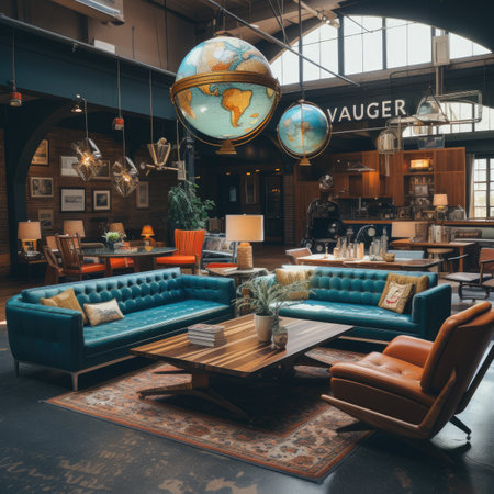 Vintage interior of a cafe with a blue sofa and a coffee tableの素材