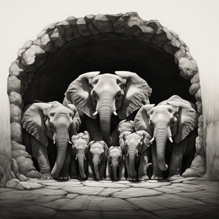 Elephants in a tunnel. Black and white image.の素材