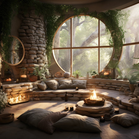 Interior of a cozy living room with a large window.の素材