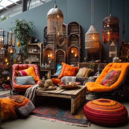 Interior of a luxury living room with colorful cushions and armchairsの素材
