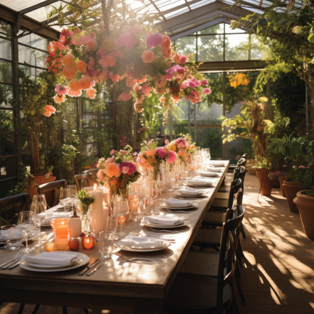 Dining Table Decorated with Colorful Flower Arrangementの素材