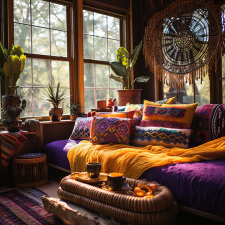 Colorful pillows on a sofa in a cozy living room.の素材