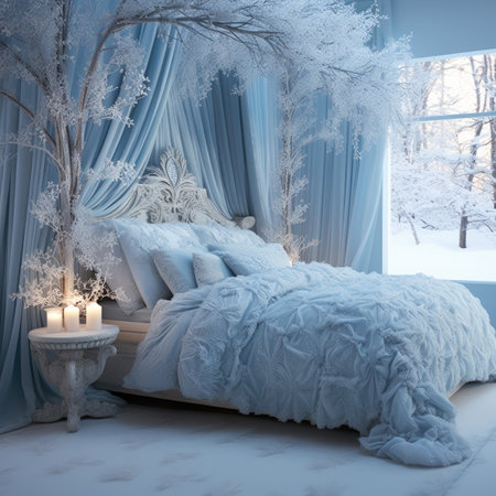 a bedroom in winter with blue curtains and snowの素材