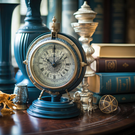 Antique clock and books on a wooden table. Retro style.の素材