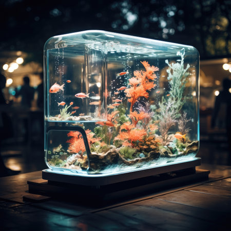 Tropical fish in a glass aquarium on a wooden table.の素材