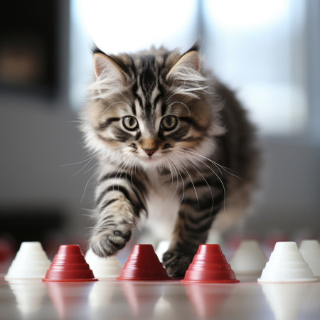 Cute little kitten playing with toy pyramid on blurred background, closeupの素材