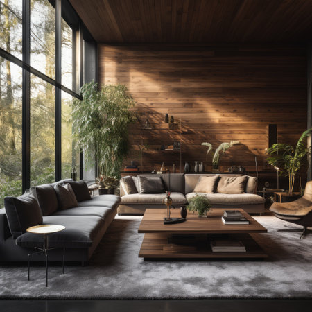 Interior of modern living room with wooden walls, concrete floor, black sofa and coffee table.の素材