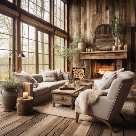 Interior of a rustic living room with a fireplace and wooden furnitureの素材