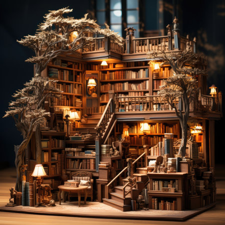 Wooden model of a house with books on the floor.の素材