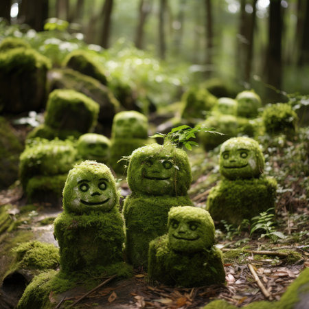 Funny monsters made of moss in the forest. Halloween concept.の素材