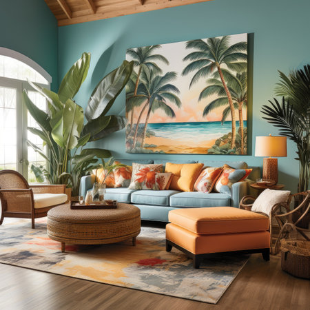 Interior of the living room with a blue sofa and palm trees.の素材