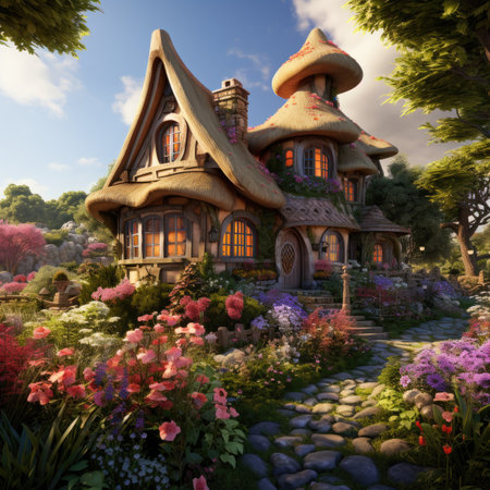 a fairy tale house in a garden with flowersの素材
