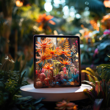 Modern digital tablet with colorful flowers in the garden. Selective focus.の素材