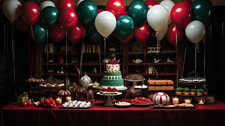 Cake on the table with balloons and other sweets in a restaurantの素材