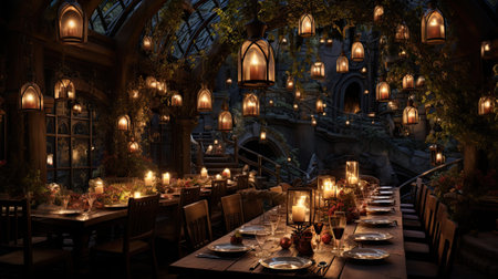 a gothic restaurant interior with candles.の素材