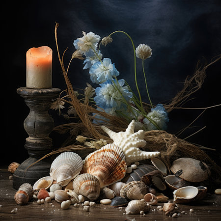 still life with seashells and candle on wooden table over dark backgroundの素材