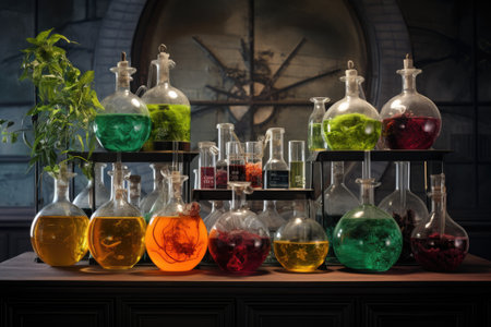Laboratory glassware with colorful liquids. Science laboratory research concept.の素材