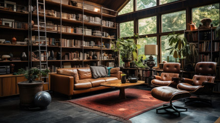 Interior of a modern living room with brown leather armchairs and bookshelvesの素材