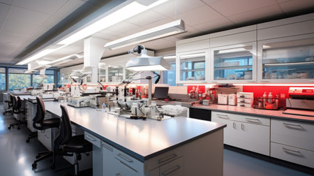 a modern laboratory interior with a microscope and equipmentの素材