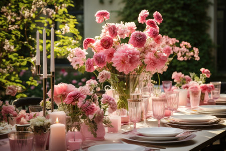Table set for an event party or wedding reception. Pink flowers on the table.の素材