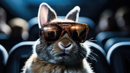 Cute rabbit wearing sunglasses in the car. Close-up.の素材
