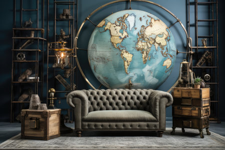 Interior of a living room with a sofa and a globe.の素材