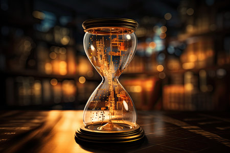 Conceptual image with hourglass on the table.の素材