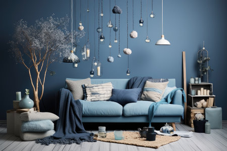 Interior of living room with blue sofa and blue wallの素材