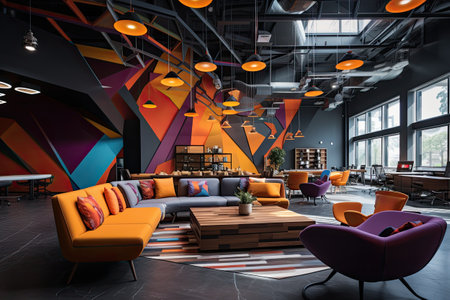 Interior of modern cafe with bright colorful walls, concrete floor, comfortable orange sofas and round coffee tablesの素材