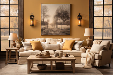 Living room interior design with brown sofa, coffee table and lamp.の素材