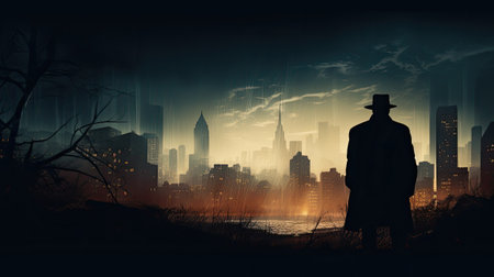 Silhouette of a man in a hat against a city backgroundの素材