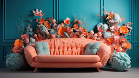 Interior of living room with a pink sofa and flowersの素材