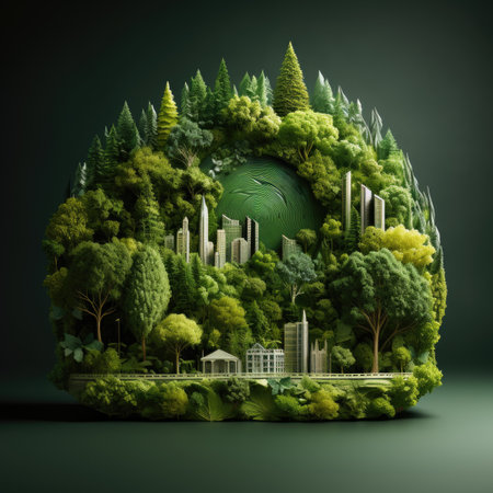 Ecology concept with green city and trees on dark background.の素材
