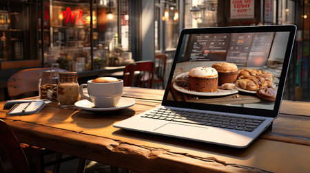 Laptop with coffee and donuts on table in cafe.の素材