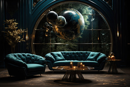 Interior of a living room with a blue sofa, a round coffee table and a large window.の素材