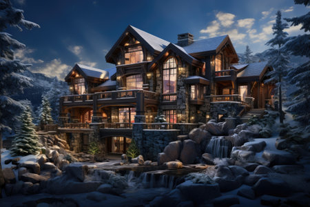 a beautiful chalet in snowy forest.の素材