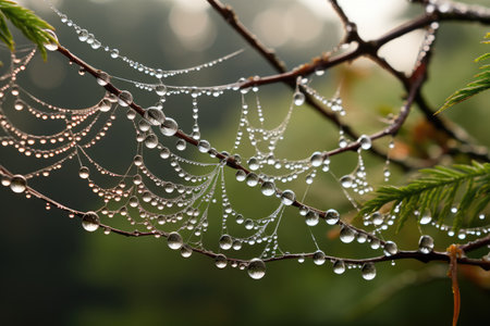 Dew drops on the spider web in the morning. Beautiful natural background.の素材