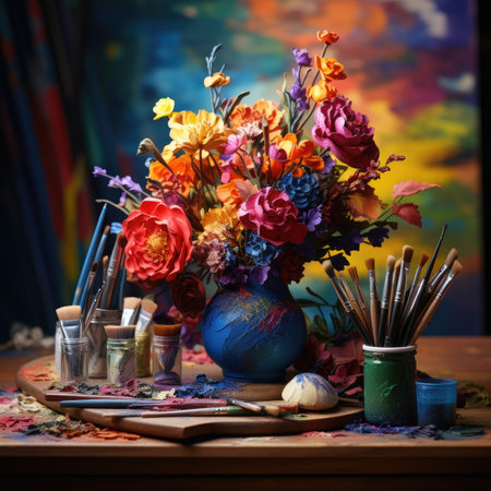 Bouquet of colorful flowers in a vase and brushes on the tableの素材