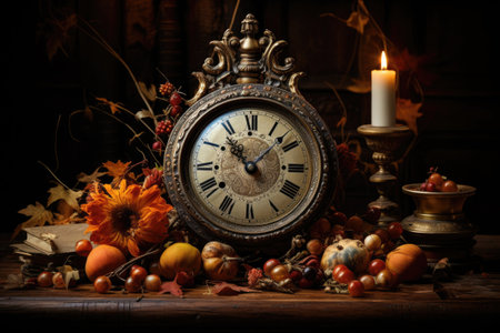 Still life with vintage clock and autumn leaves on dark wooden background.の素材