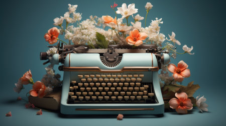 Vintage typewriter with flowers on blue background.の素材