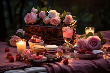 Romantic still life with roses, macaroons and candles on the tableの素材