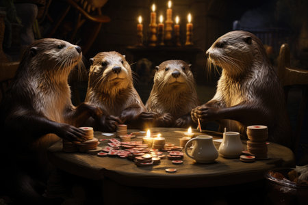 Otters sitting at the table in a dark room with candlesの素材