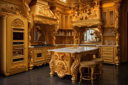 Luxury interior of a classic kitchen with golden furniture and mirrorの素材