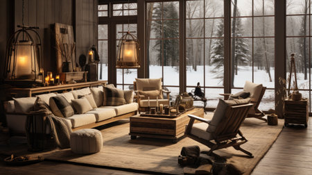 Interior of a cozy living room with a large window overlooking the winter forestの素材