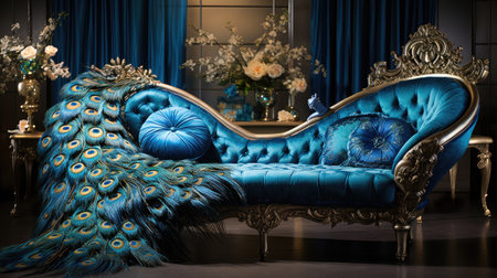Luxurious blue sofa with peacock feathers in the interior.の素材