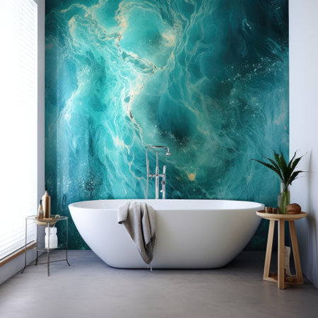 Interior of modern bathroom with blue marble walls, concrete floor, comfortable white bathtub and round mirror.の素材